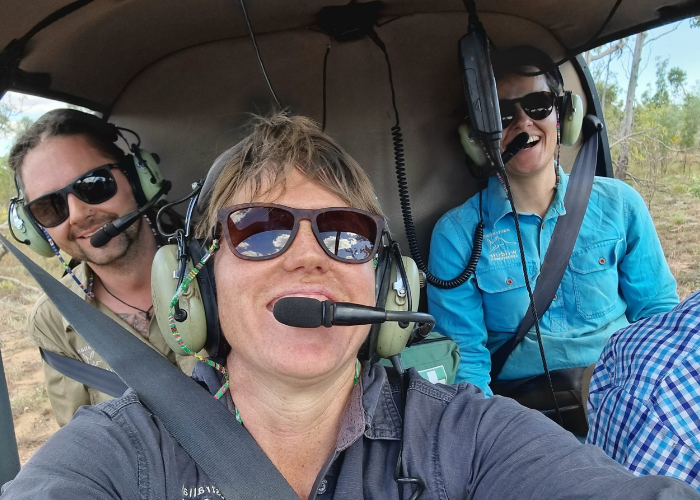 AWC's team of scientists, Oli Oylan, Eri Mulder, and Rhiannon Khoury, taking flight at Pungalina-Seven Emu Wildlife Sanctuary.