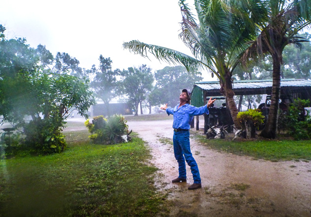 Sanctuary Manager Graham Wood revels in the rain at Piccaninny Plains Wildlife Sanctuary, Cape York, which received the highest wet season rainfall on record. 