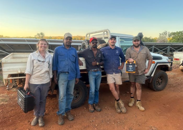 After relocating back to Mornington Wildlife Sanctuary, the Kimberley team completed a Royal Flying Doctor Service emergency drill. Pictured are Stella Thomas, AWC Operations Manager and Corey Malay, Senior Land Management Officer with Dylan Malay, Ruben Lyons and Jacob White, AWC Land Management Officers.