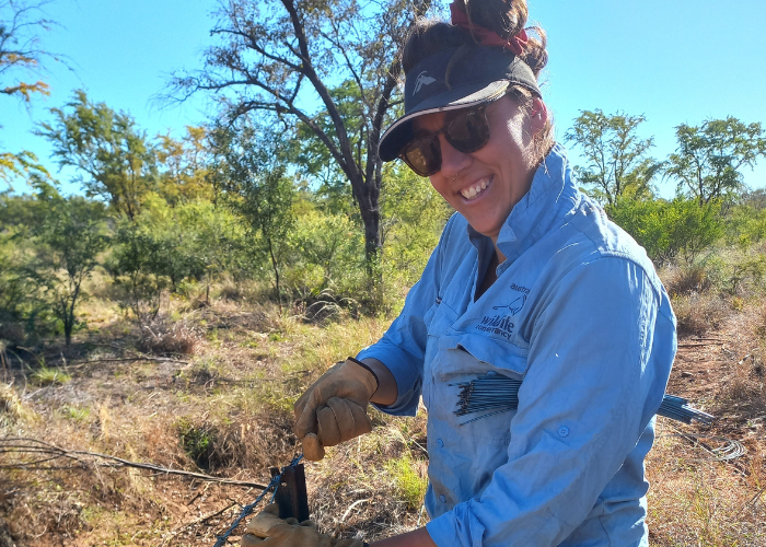 Alyssa Hawley, AWC Land Management Officer, repairing part of the 100km stock-proof fence.